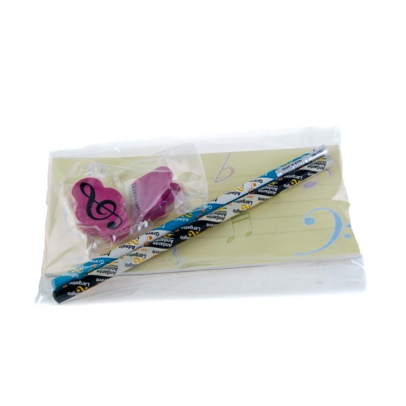 Set bloc de notas, 2 lápices, pinza y goma Set bloc de notas, 2 lápices, pinza y goma